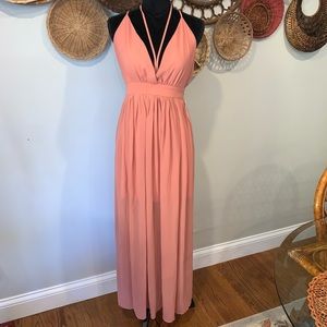 Chiffon pink maxi dress; low-cut deep V-neck halter Shop Red Dress size Large